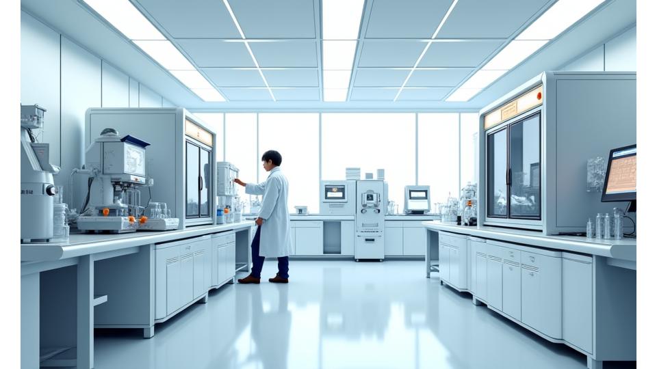 最新設備が整った研究開発施設で、技術者が実験を行っている様子