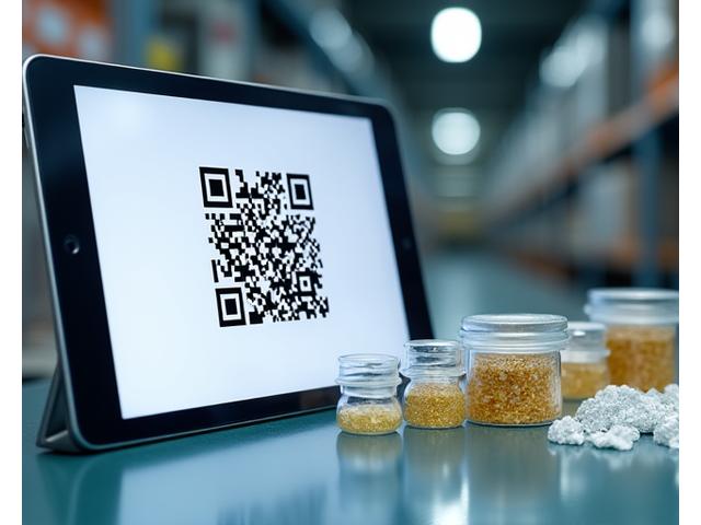 タブレット画面に表示されたQRコードと鉱物製品